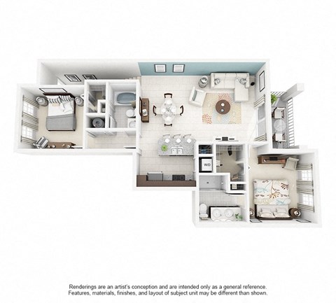 Floor plan for 2 beds, 2 baths, 1097 sqft